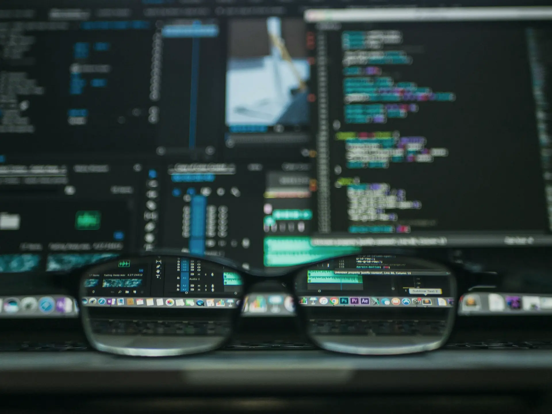 Eyeglasses in front of screens full of code