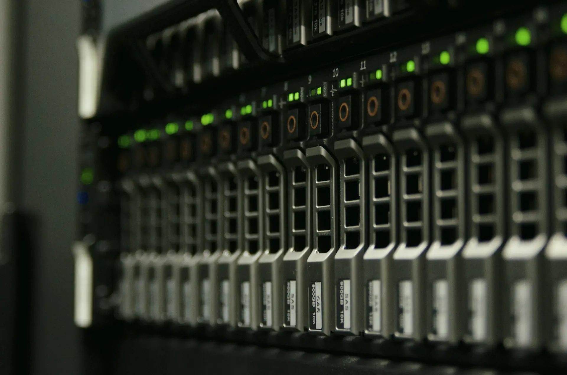 Rack-mounted servers with green status lights